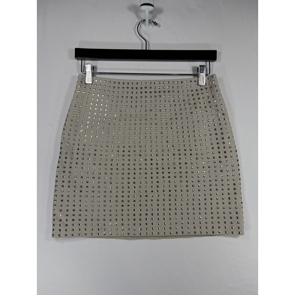 H&M Studded Mini Skirt Women 4 Beige Excellent Silver Square Stud Edgy A-Line